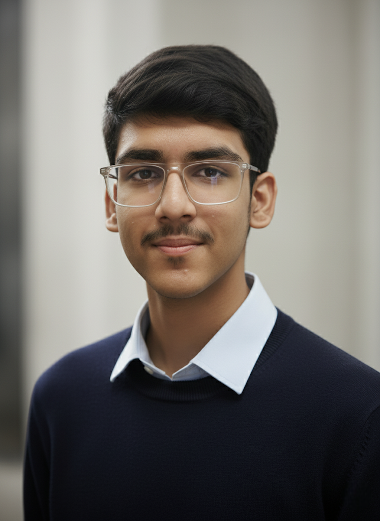 Vaishnav Upadhyay entrepreneur portrait - Founder of Infrona - business leader in navy sweater professional photo