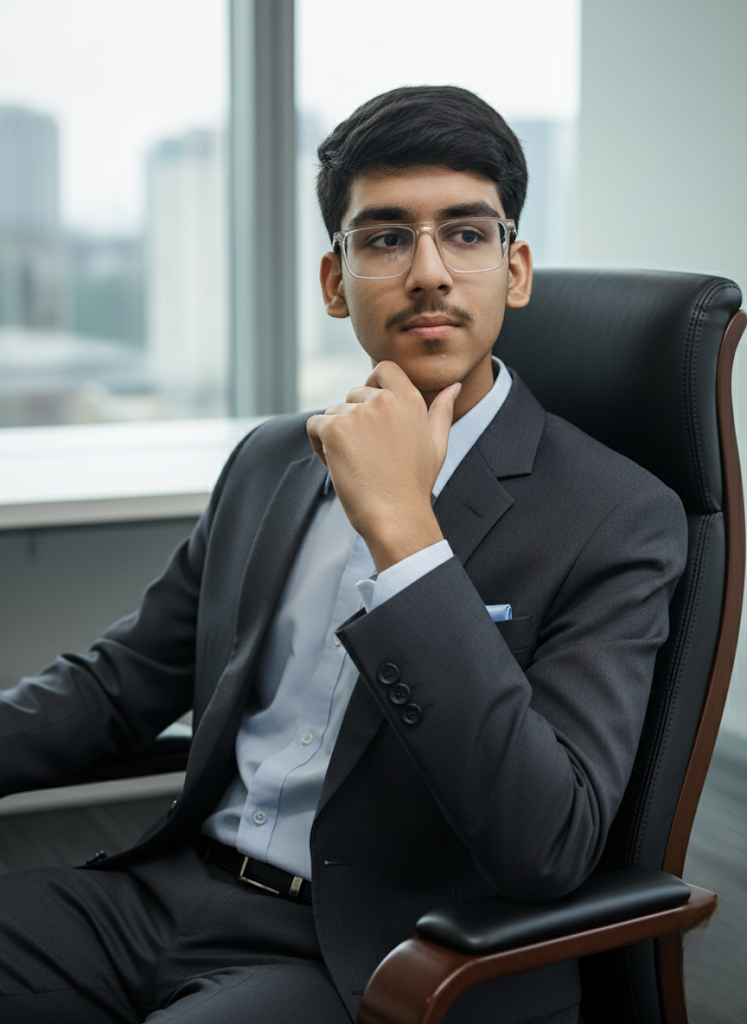 Vaishnav Upadhyay executive office portrait - CEO of Infrona - professional business photo in office setting