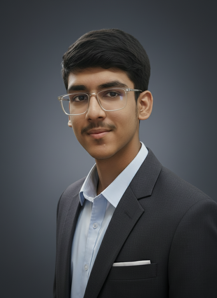 Vaishnav Upadhyay professional headshot - Founder and CEO of Infrona - entrepreneur portrait with glasses and dark suit